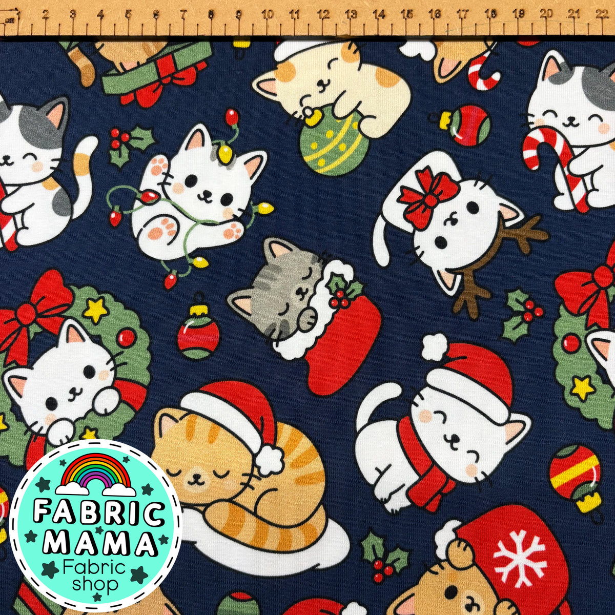 Festive feline frolics - Premium Cotton Lycra Jersey Fabric – Kids Stretch Fabric UK
