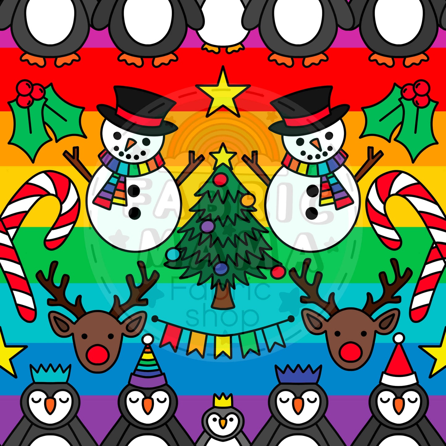 PREORDER Rainbow penguin party - Brushed Back French Terry Fabric – Kids Stretch Fabric UK