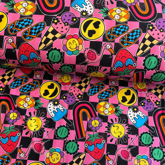 Happy Daze Checker Premium Cotton Lycra Jersey Fabric – Kids Stretch Fabric UK image 0