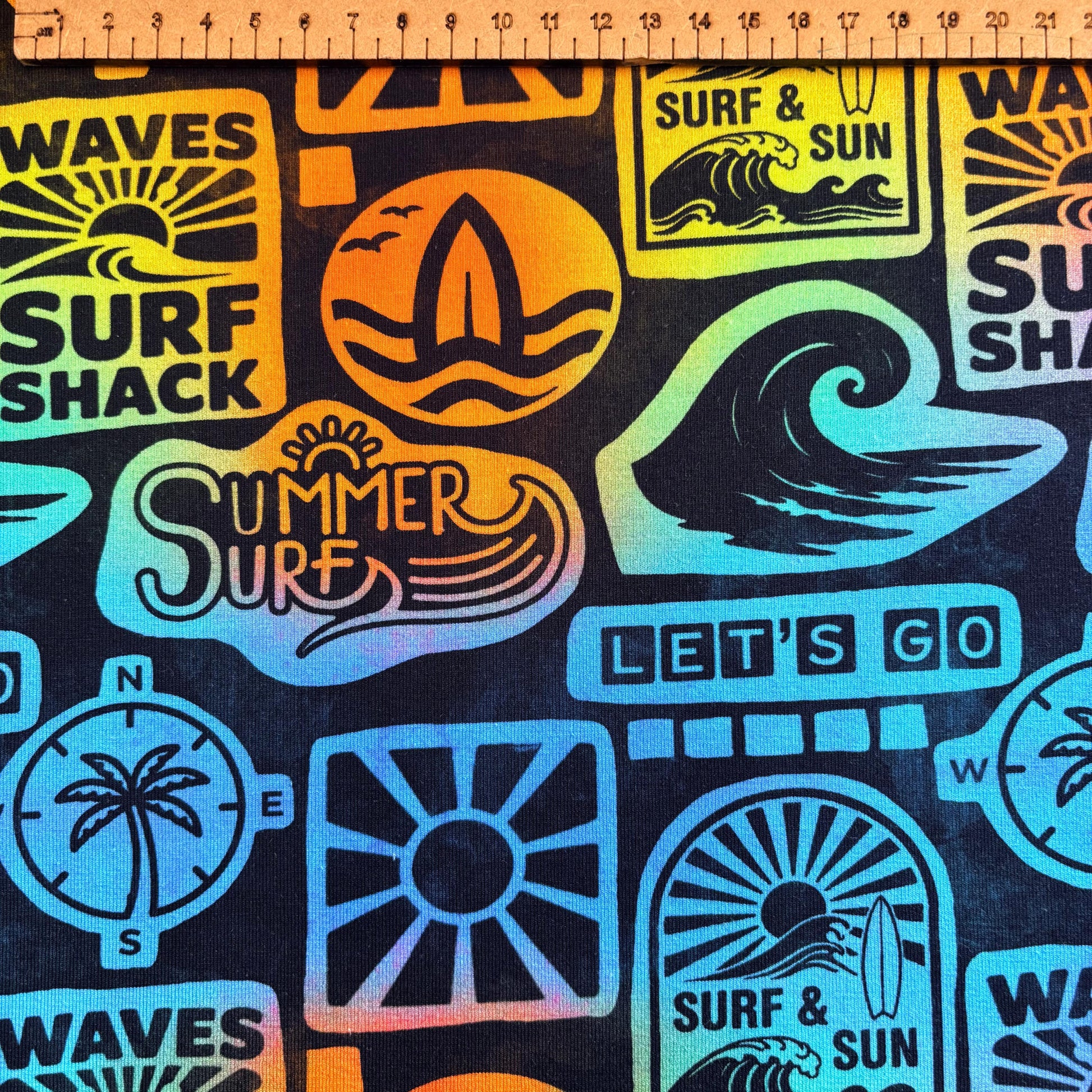 Sunset surf shack Premium Cotton Lycra Jersey Fabric – Kids Stretch Fabric UK image 1