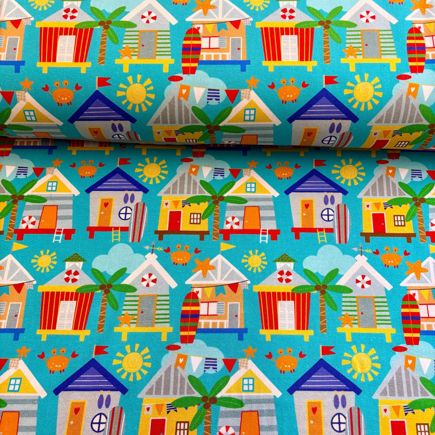 Beach hut bliss  Premium Cotton Lycra Jersey Fabric – Kids Stretch Fabric UK image 0