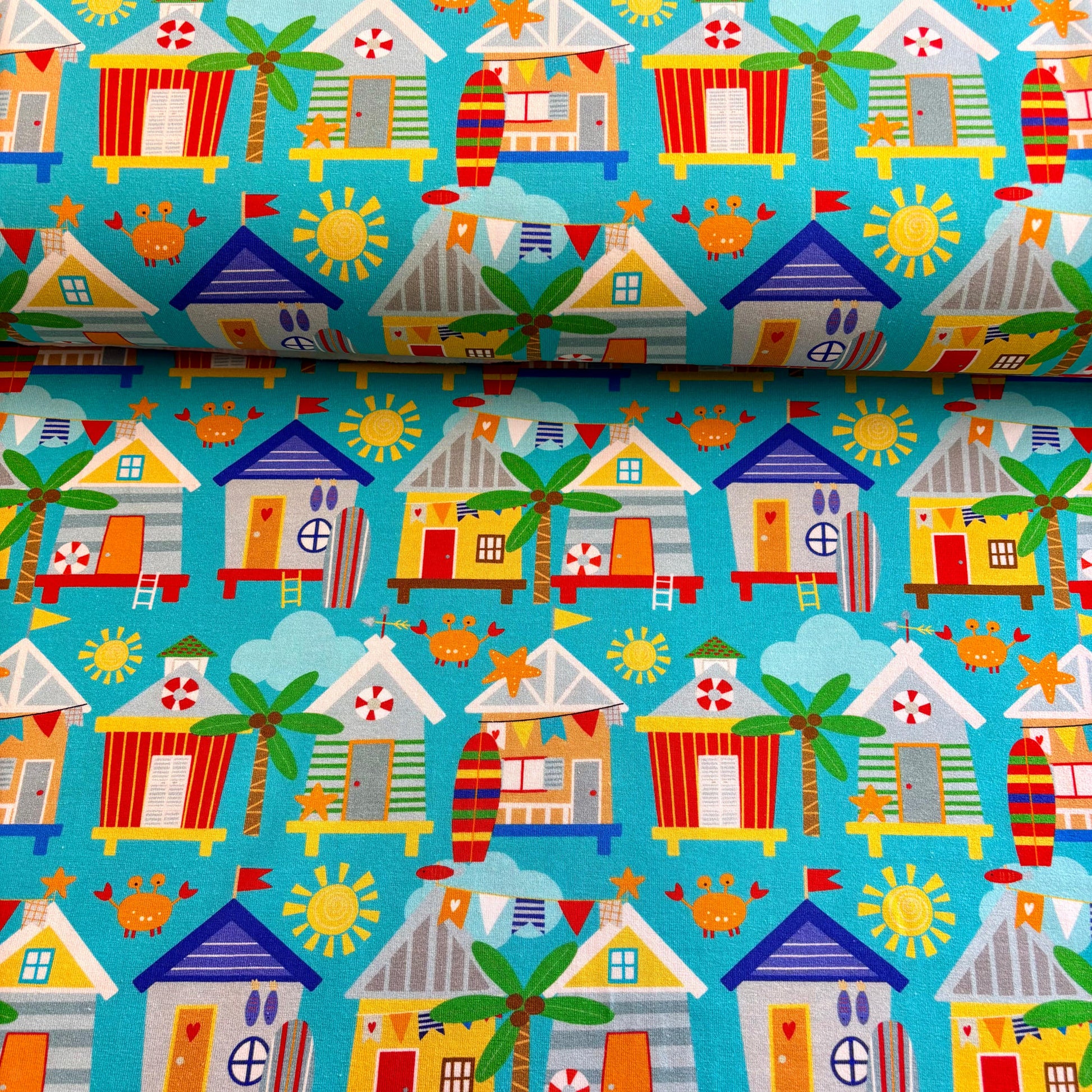 Beach hut bliss  Premium Cotton Lycra Jersey Fabric – Kids Stretch Fabric UK image 0