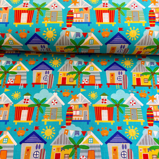 Beach hut bliss  Premium Cotton Lycra Jersey Fabric – Kids Stretch Fabric UK image 0