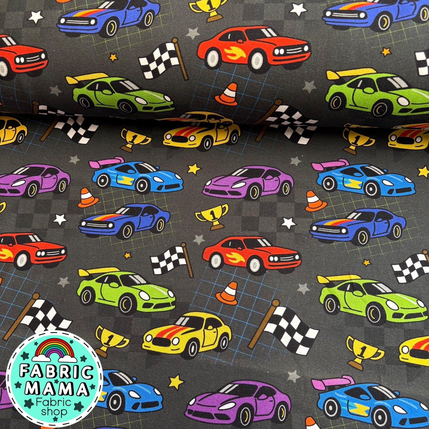 Speed racer cars - Premium Cotton Lycra Jersey Fabric – Kids Stretch Fabric UK image 0