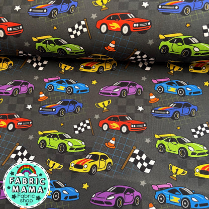 Speed racer cars - Premium Cotton Lycra Jersey Fabric – Kids Stretch Fabric UK image 0