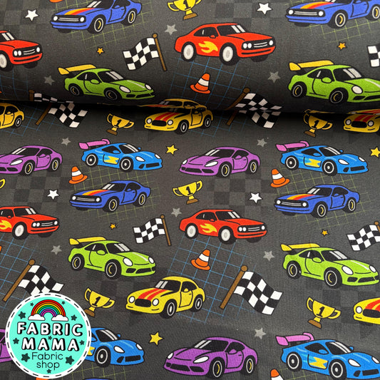 Speed racer cars - Premium Cotton Lycra Jersey Fabric – Kids Stretch Fabric UK image 0