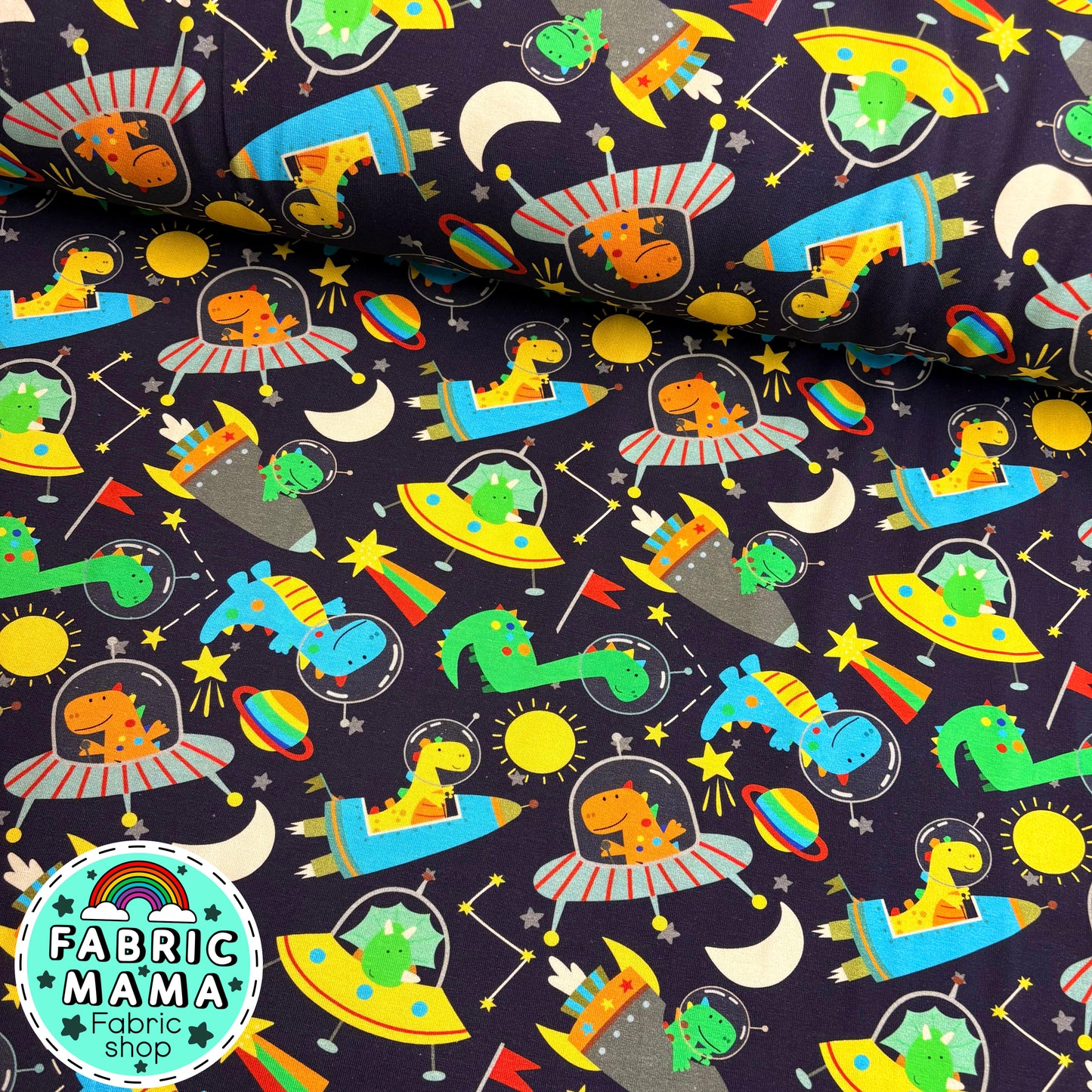 Space dinos - Premium cotton lycra jersey kids stretch fabric image 0