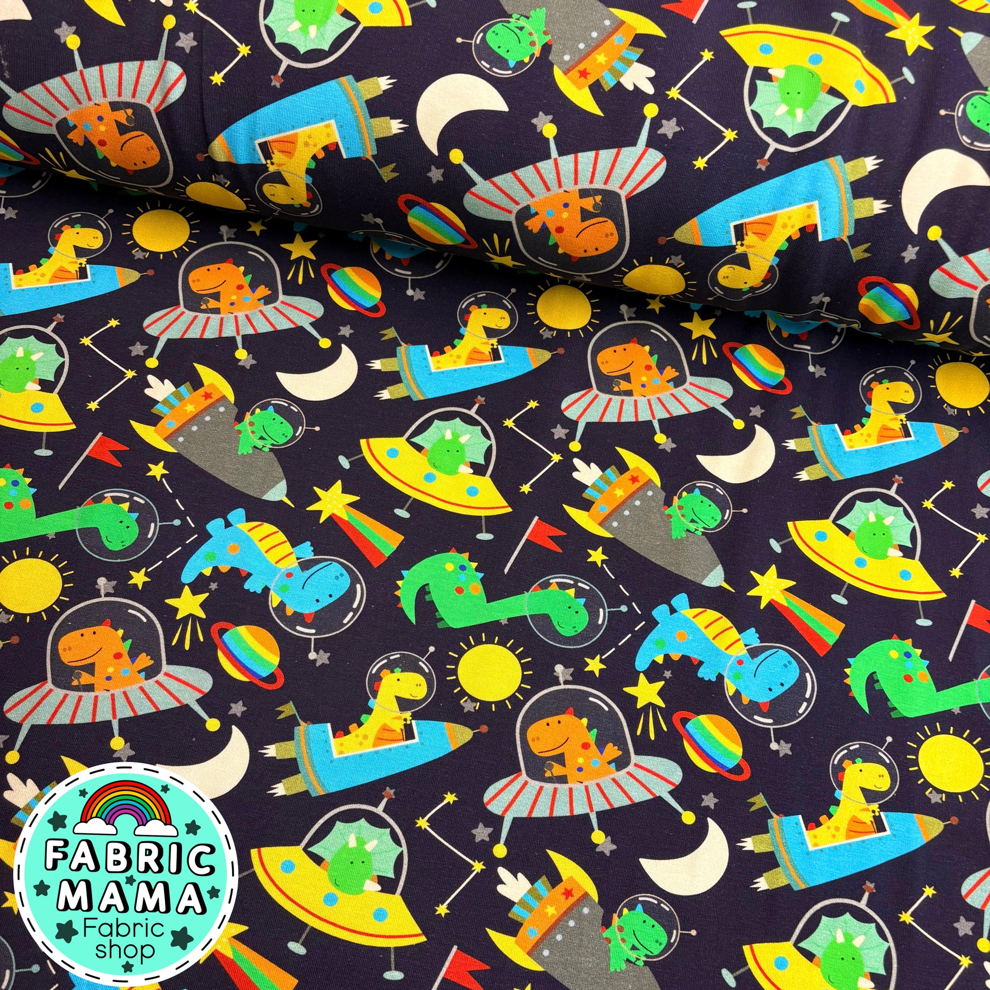 Space dinos - Premium cotton lycra jersey kids stretch fabric image 0