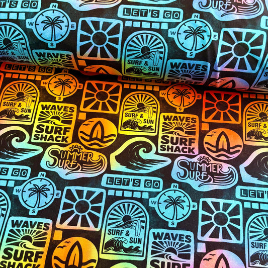 Sunset surf shack Premium Cotton Lycra Jersey Fabric – Kids Stretch Fabric UK image 0
