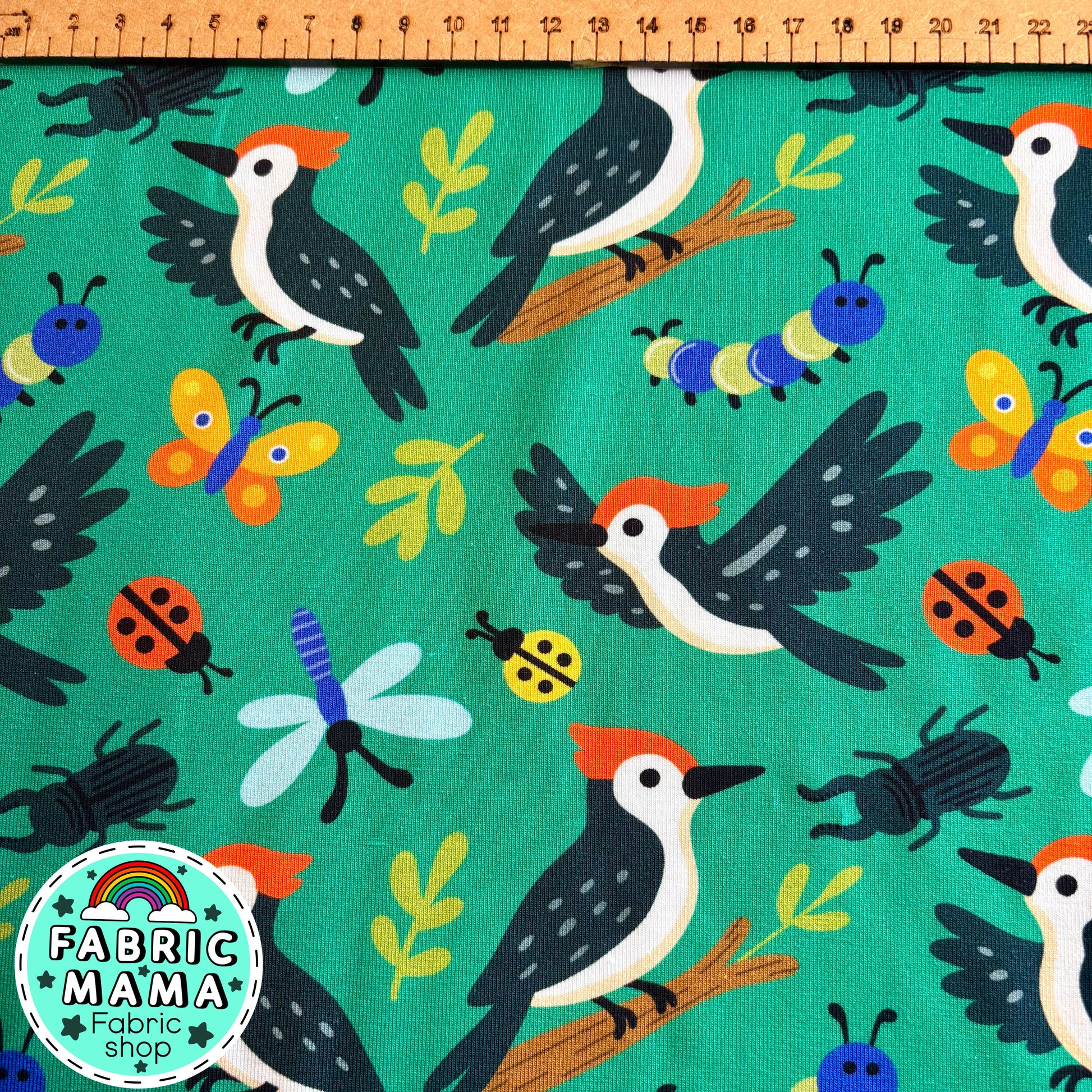 Woodpecker woods - premium cotton lycra jersey kids stretch fabric uk image 1