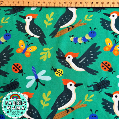 Woodpecker woods - premium cotton lycra jersey kids stretch fabric uk image 1