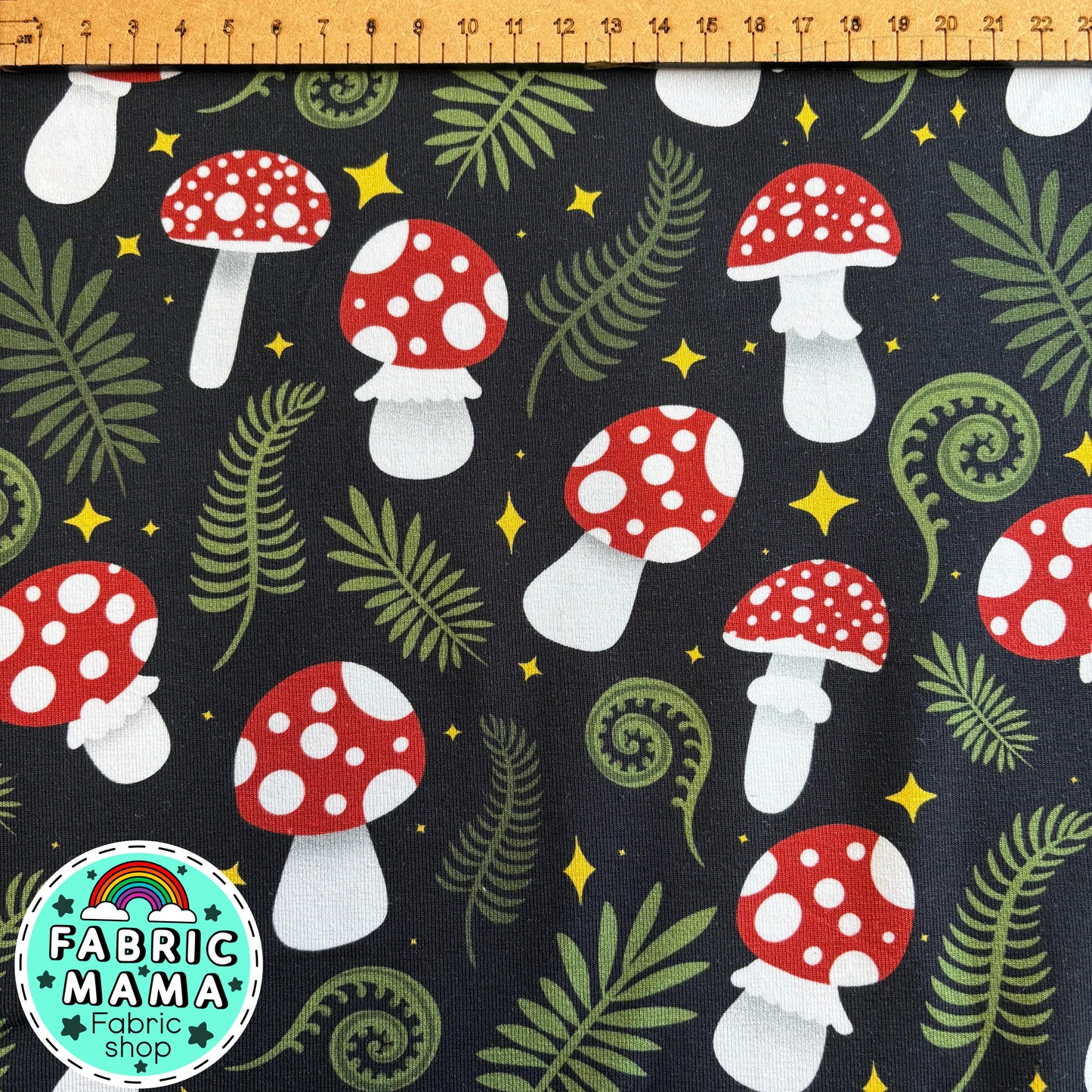 Moonlit mushrooms -Premium Cotton Lycra Jersey Fabric – Kids Stretch Fabric UK image 1