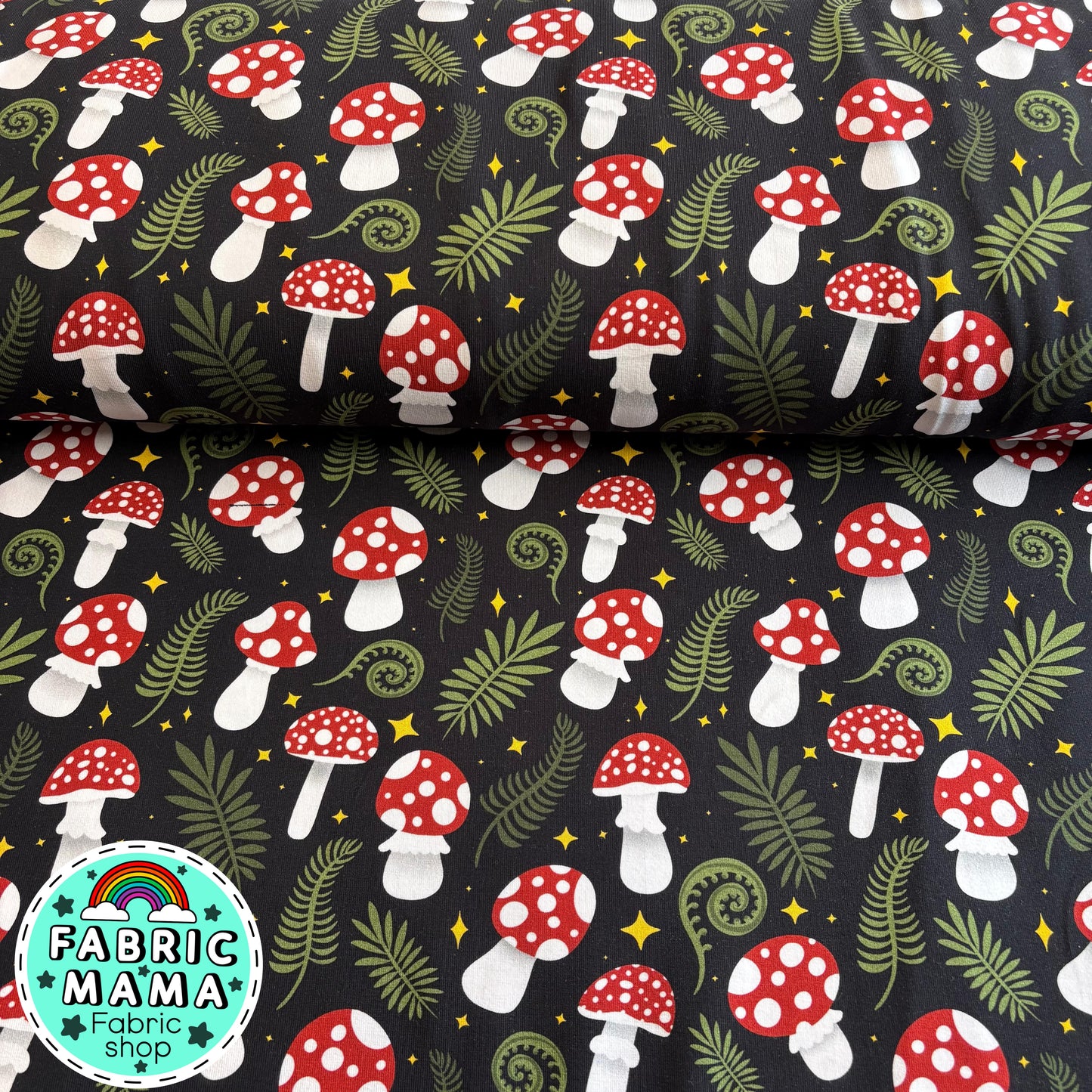 Moonlit mushrooms -Premium Cotton Lycra Jersey Fabric – Kids Stretch Fabric UK image 0