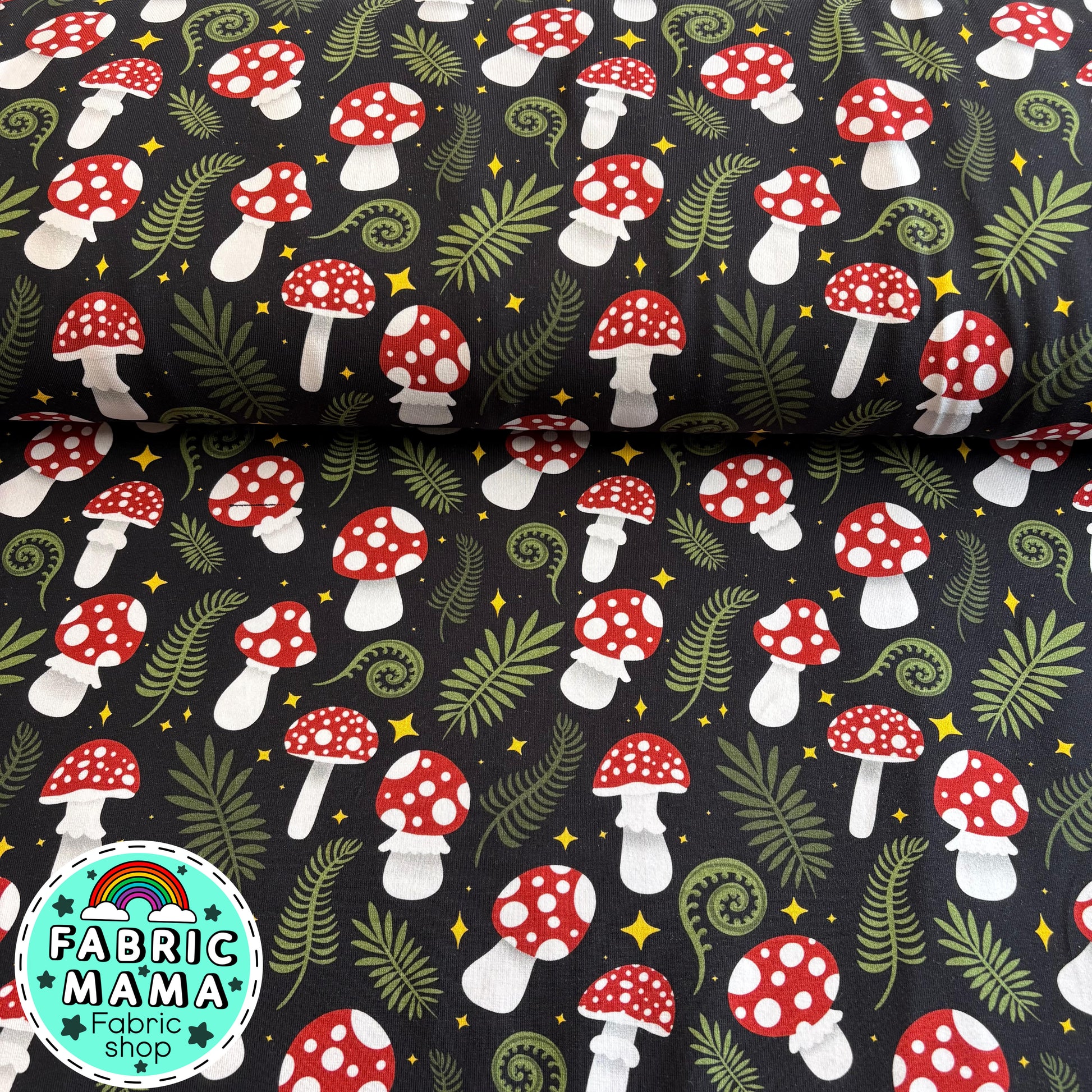 Moonlit mushrooms -Premium Cotton Lycra Jersey Fabric – Kids Stretch Fabric UK image 0