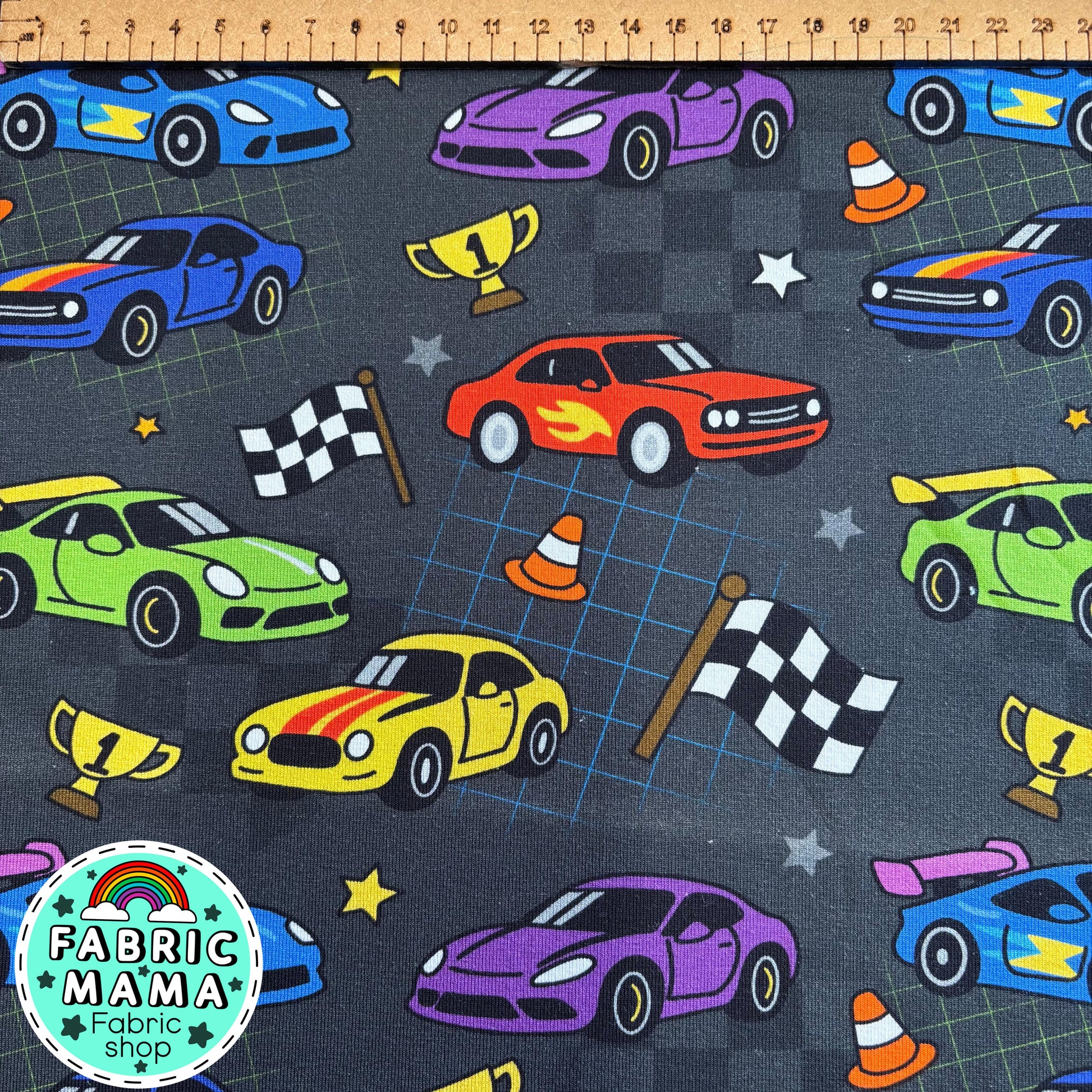 Speed racer cars - Premium Cotton Lycra Jersey Fabric – Kids Stretch Fabric UK image 1