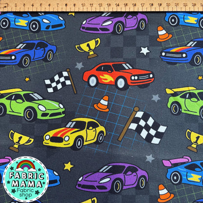 Speed racer cars - Premium Cotton Lycra Jersey Fabric – Kids Stretch Fabric UK image 1
