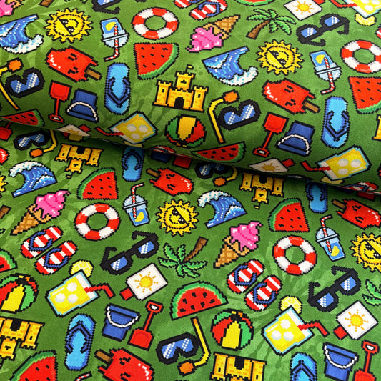 Pixel beach party Premium Cotton Lycra Jersey Fabric – Kids Stretch Fabric UK image 0