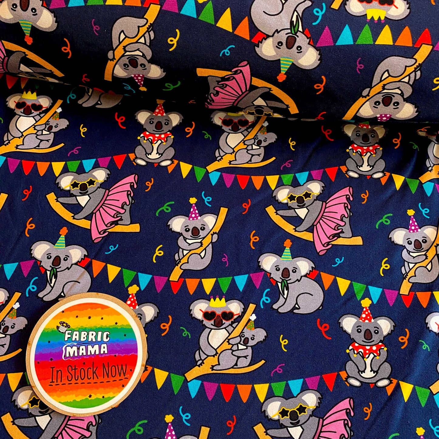 Koala party -Premium Cotton Lycra Jersey Fabric – Kids Stretch Fabric UK image 0