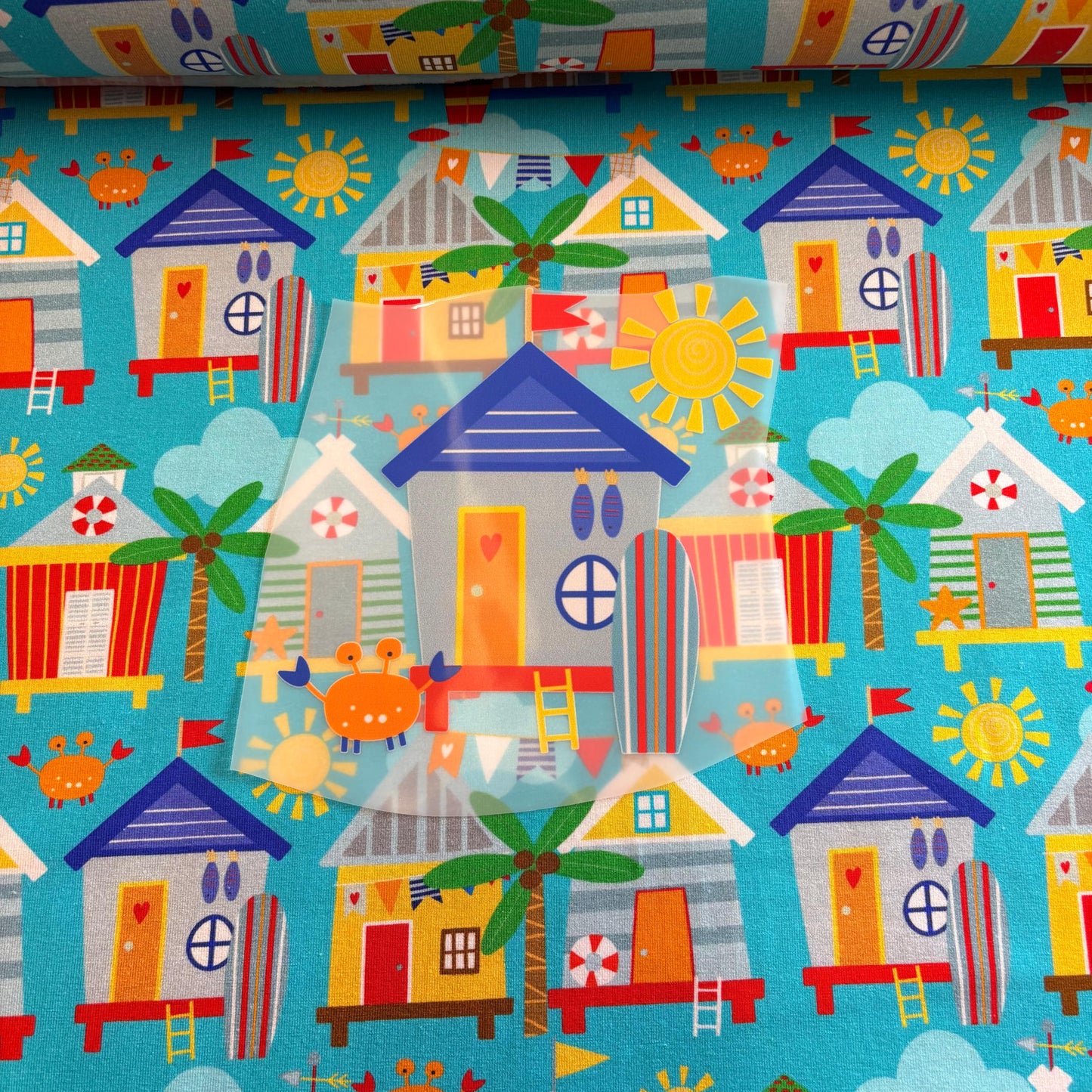 Beach hut bliss  Premium Cotton Lycra Jersey Fabric – Kids Stretch Fabric UK image 1