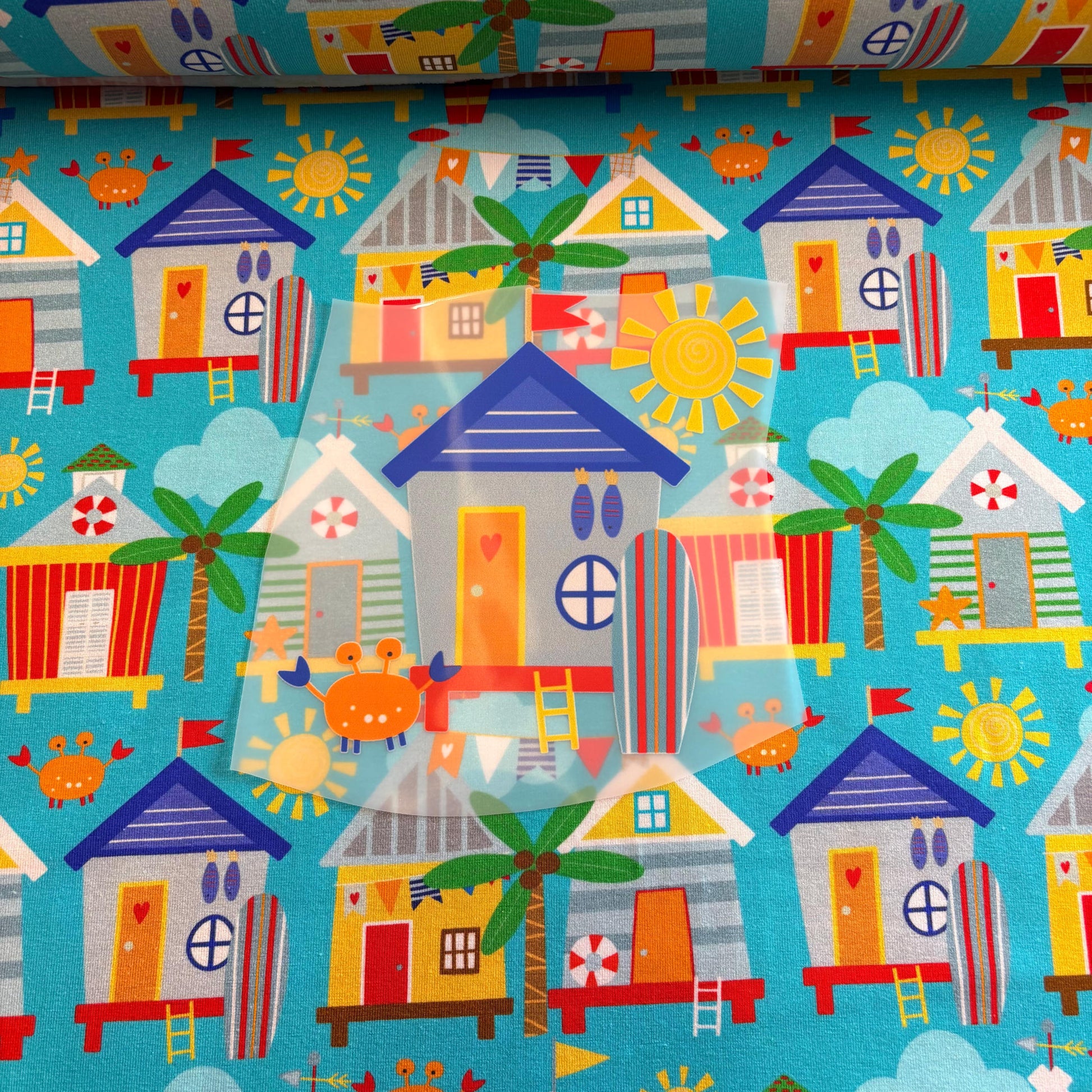 Beach hut bliss  Premium Cotton Lycra Jersey Fabric – Kids Stretch Fabric UK image 1