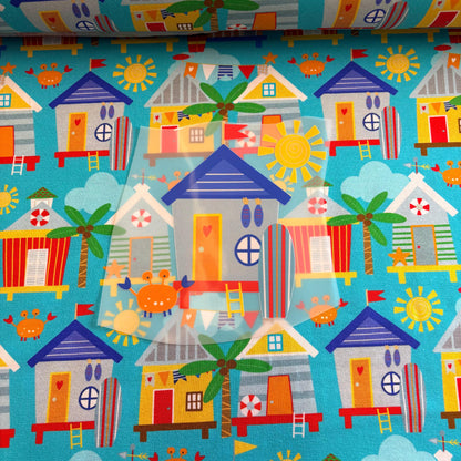Beach hut bliss  Premium Cotton Lycra Jersey Fabric – Kids Stretch Fabric UK image 1