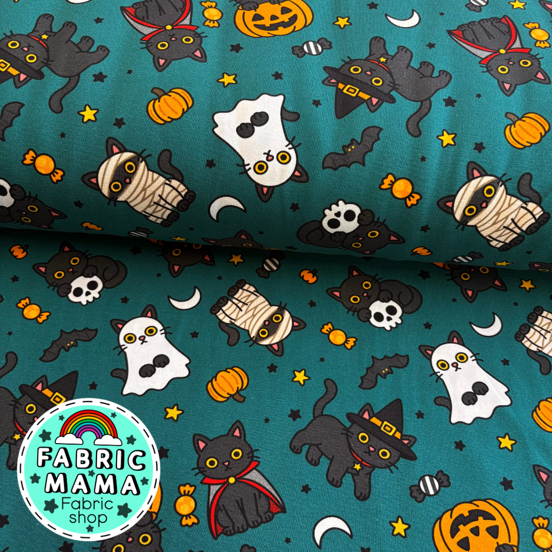 Trick or treat cats -Premium Cotton Lycra Jersey Fabric – Kids Stretch Fabric UK
