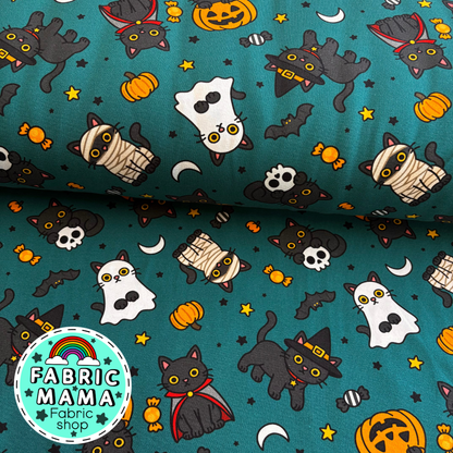 Trick or treat cats -Premium Cotton Lycra Jersey Fabric – Kids Stretch Fabric UK