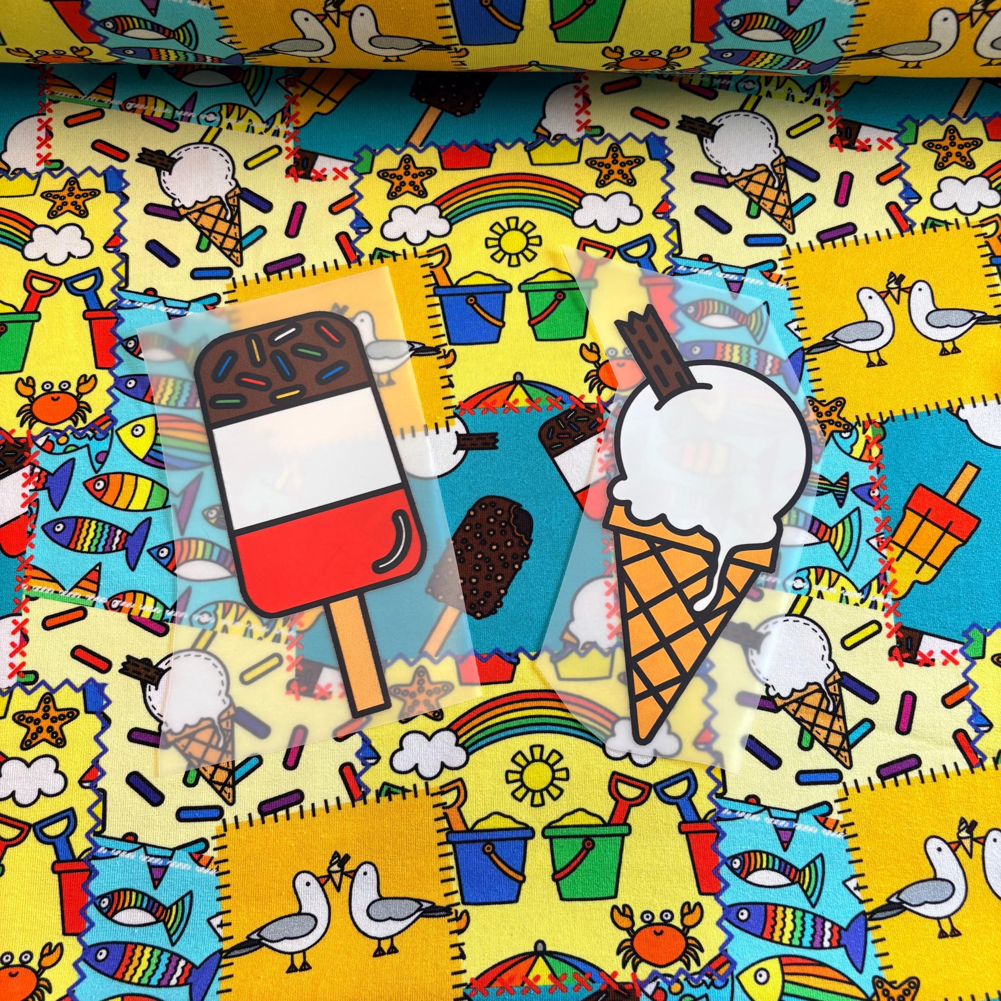 Beach day mash up Premium Cotton Lycra Jersey Fabric – Kids Stretch Fabric UK image 1