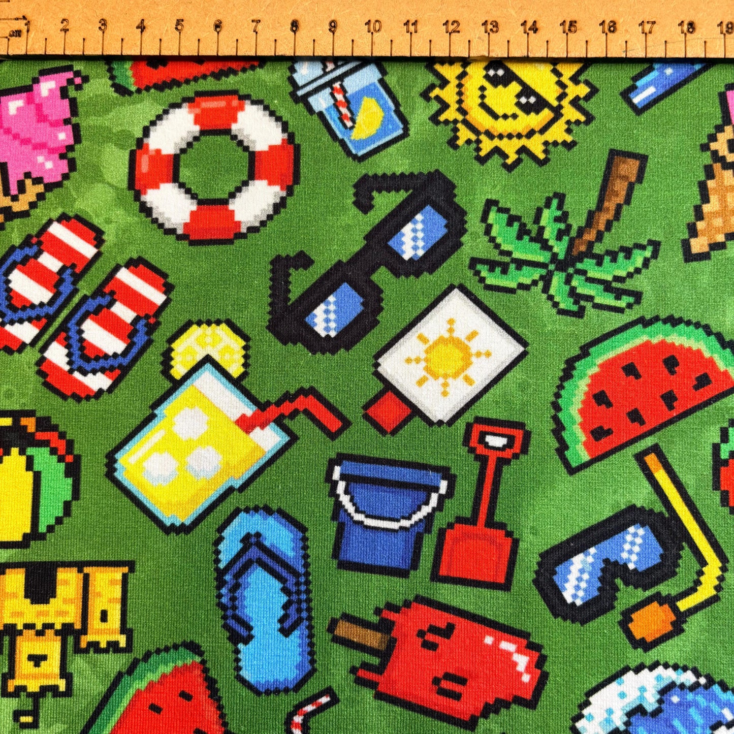 Pixel beach party Premium Cotton Lycra Jersey Fabric – Kids Stretch Fabric UK image 1