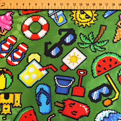 Pixel beach party Premium Cotton Lycra Jersey Fabric – Kids Stretch Fabric UK image 1