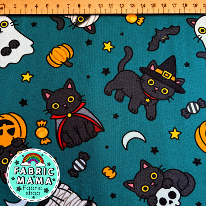 Trick or treat cats -Premium Cotton Lycra Jersey Fabric – Kids Stretch Fabric UK