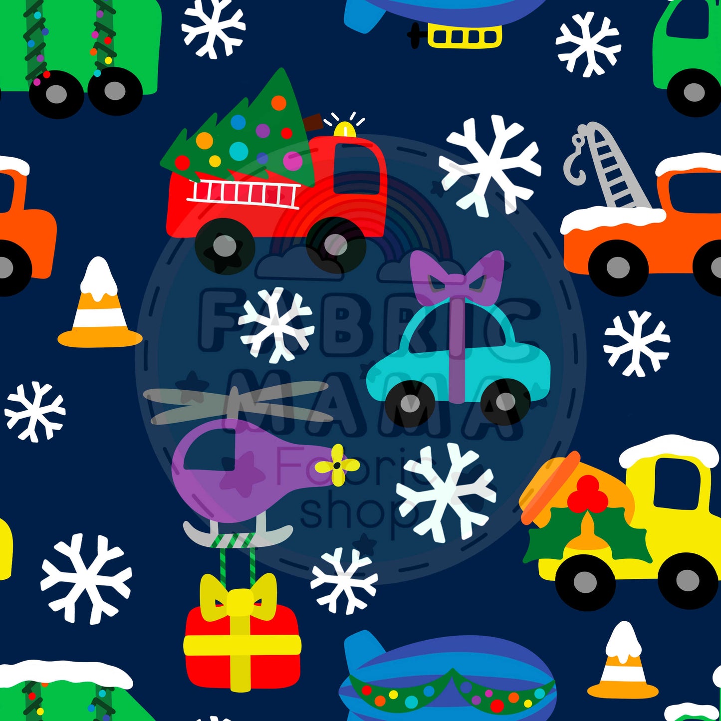 PREORDER Festive transport - Brushed Back French Terry Fabric – Kids Stretch Fabric UK