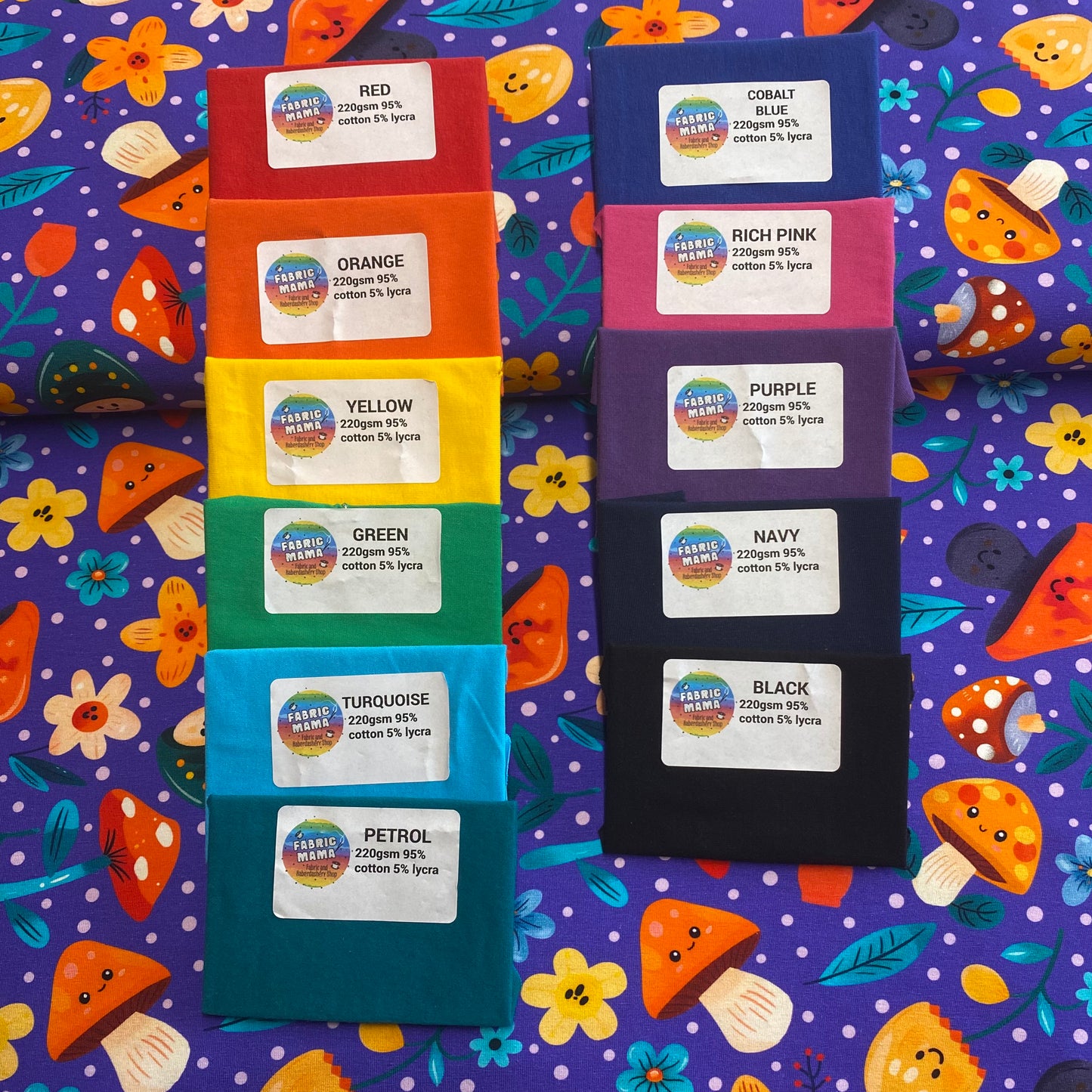 PREORDER  Fun funghi -Premium Cotton Lycra Jersey Fabric – Kids Stretch Fabric UK