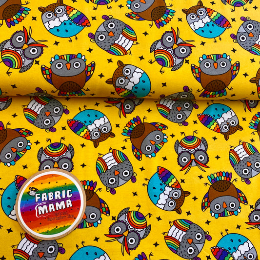 PREORDER Hoot (Yellow)- Brushed Back French Terry Fabric – Kids Stretch Fabric UK