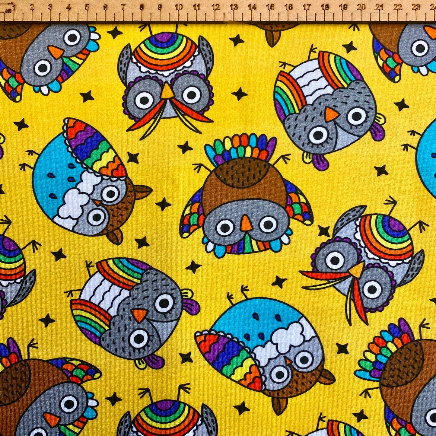 PREORDER Hoot (Yellow)- Brushed Back French Terry Fabric – Kids Stretch Fabric UK