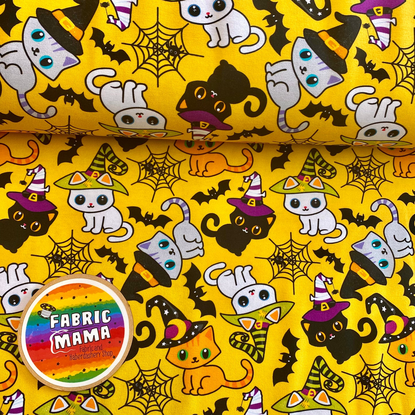 PREORDER Creepy Kitties - Brushed Back French Terry Fabric – Kids Stretch Fabric UK