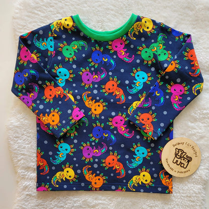 Rainbow axolotles  - premium cotton lycra jersey kids stretch fabric