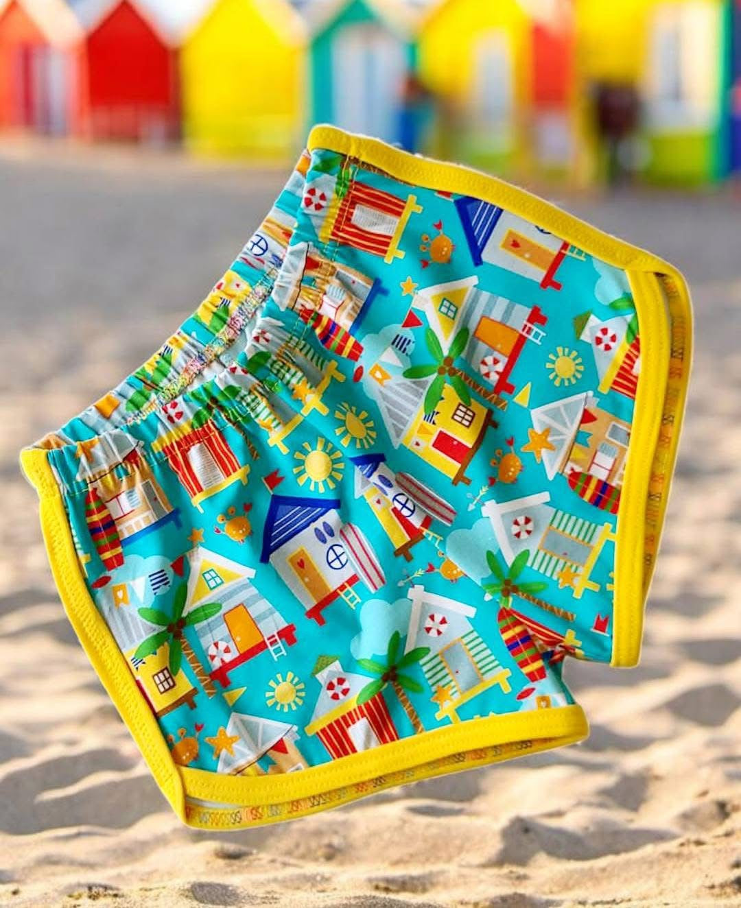 Beach hut bliss  Premium Cotton Lycra Jersey Fabric – Kids Stretch Fabric UK