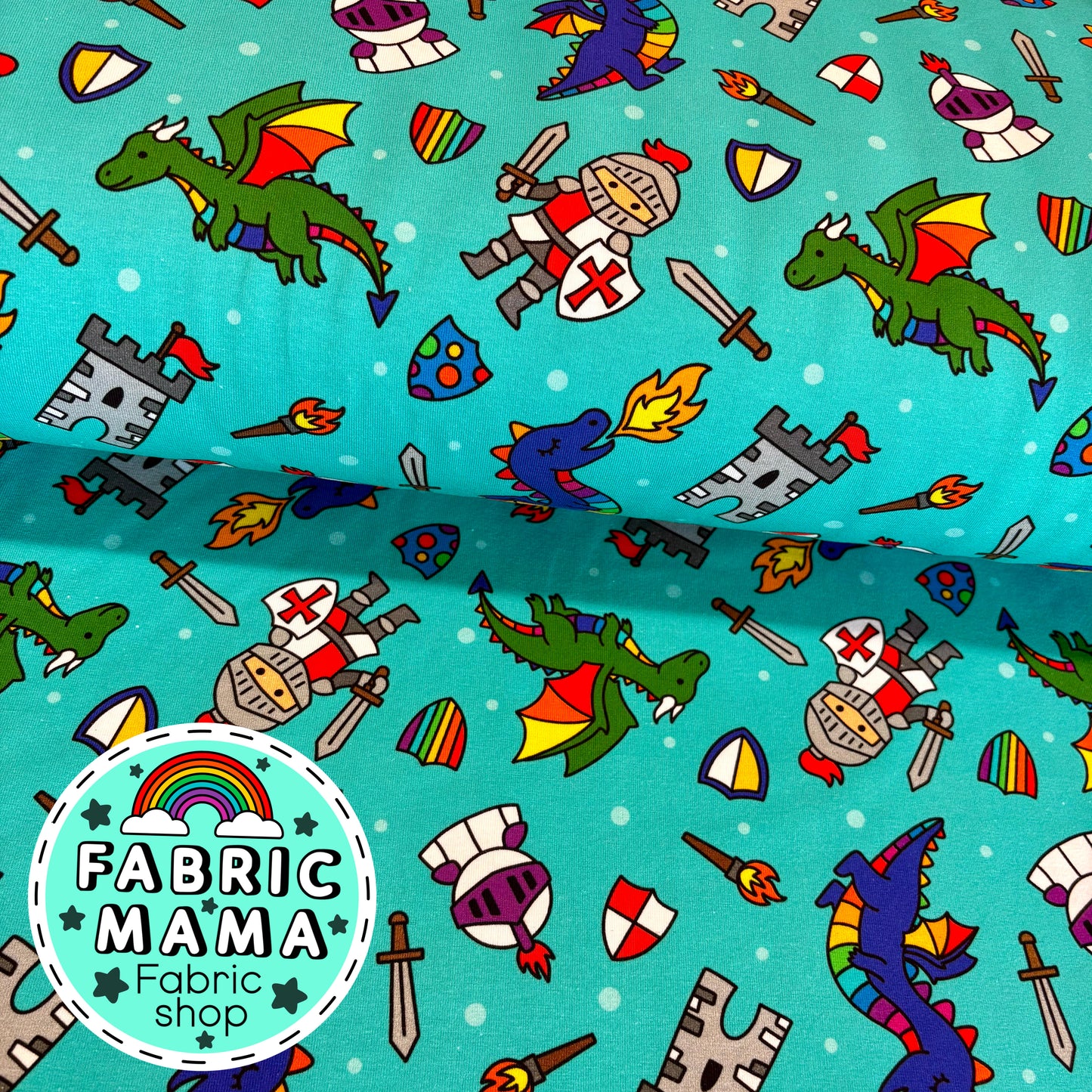 Knights and dragons - premium cotton lycra jersey kids stretch fabric