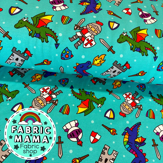 Knights and dragons - premium cotton lycra jersey kids stretch fabric