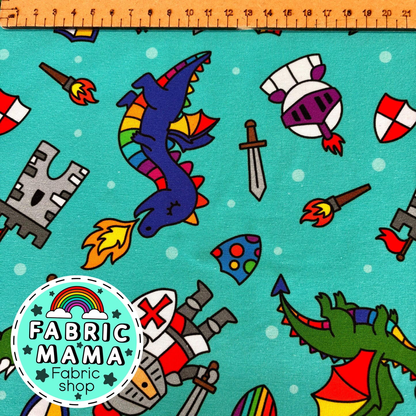 Knights and dragons - premium cotton lycra jersey kids stretch fabric