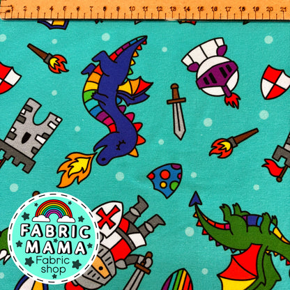Knights and dragons - premium cotton lycra jersey kids stretch fabric