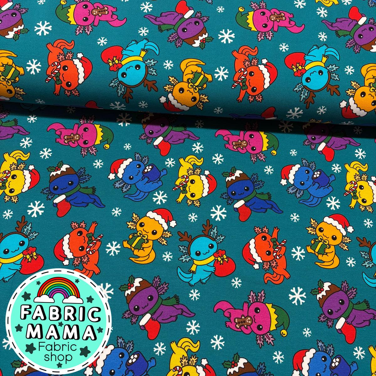 Christmas Axolotles - Premium Cotton Lycra Jersey Fabric – Kids Stretch Fabric UK