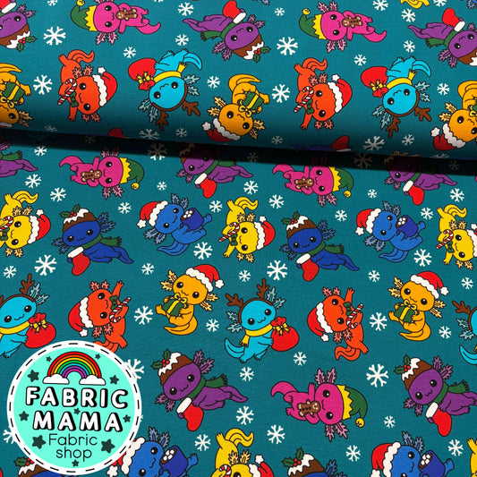 Christmas Axolotles - Premium Cotton Lycra Jersey Fabric – Kids Stretch Fabric UK
