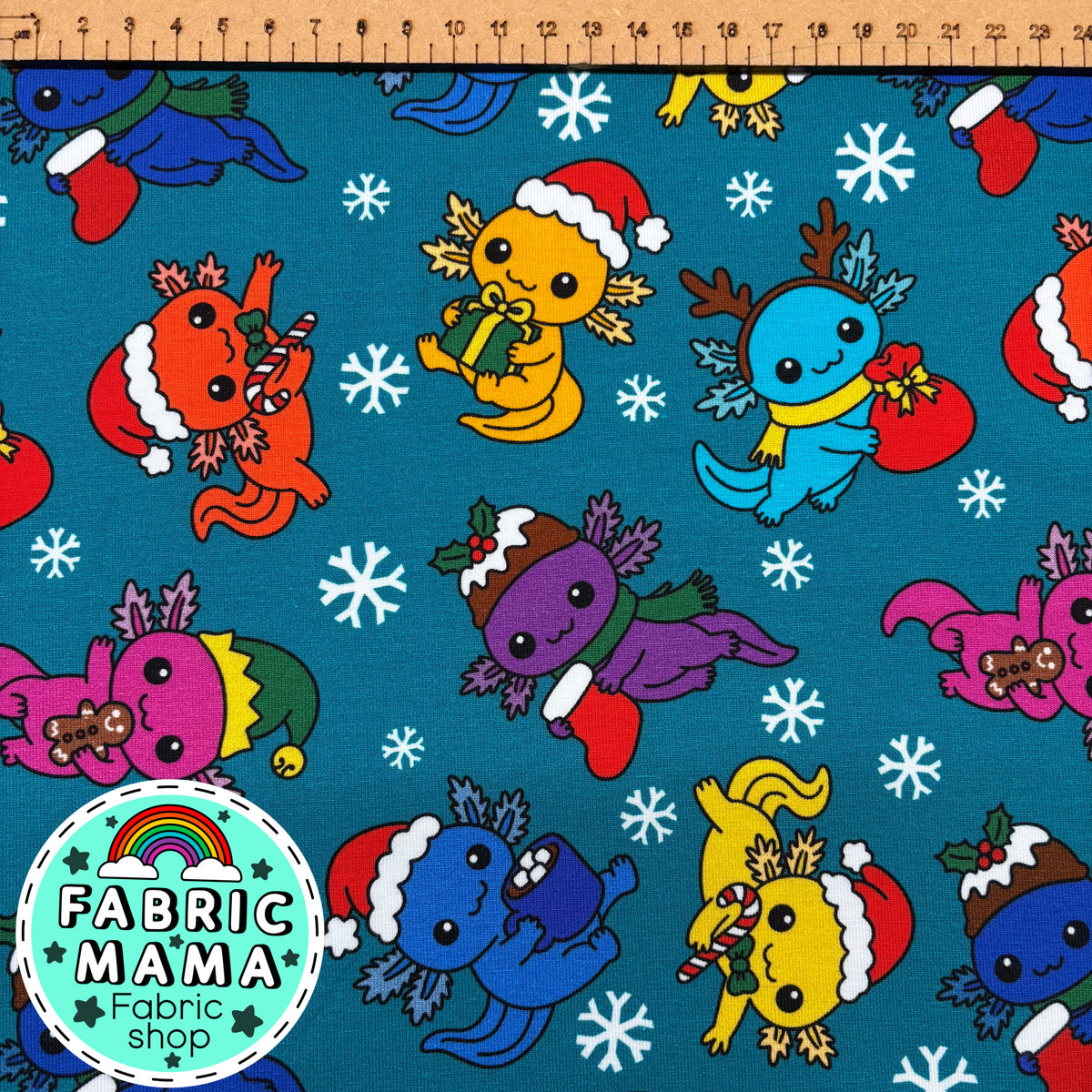 Christmas Axolotles - Premium Cotton Lycra Jersey Fabric – Kids Stretch Fabric UK