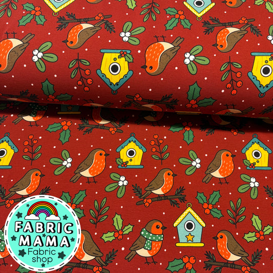 Rosy red robins  - Premium Cotton Lycra Jersey Fabric – Kids Stretch Fabric UK