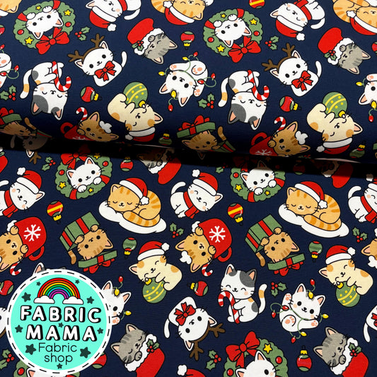 Festive feline frolics  - Premium Cotton Lycra Jersey Fabric – Kids Stretch Fabric UK