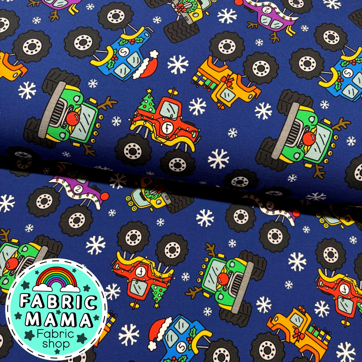 Merry monster car mayhem  - Premium Cotton Lycra Jersey Fabric – Kids Stretch Fabric UK