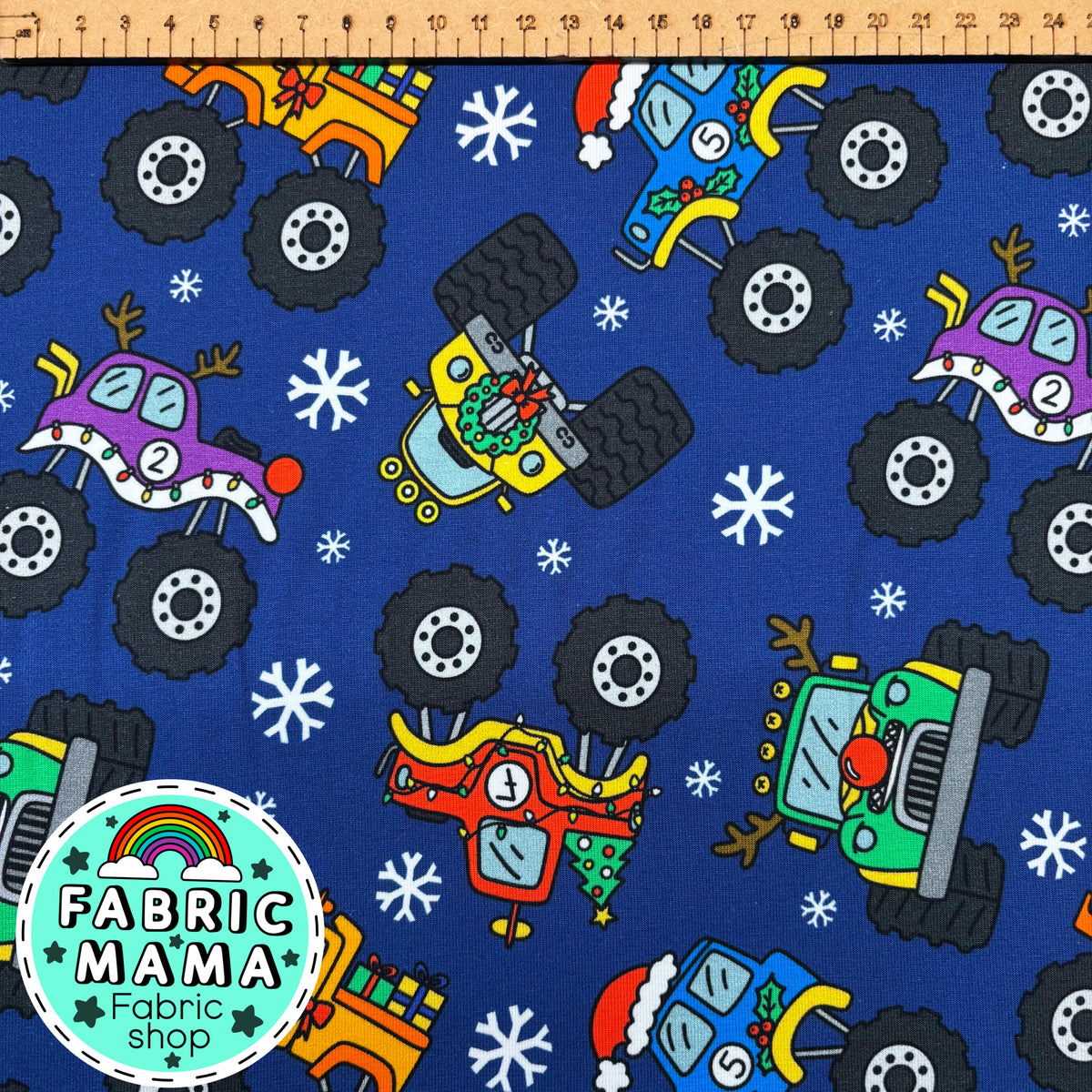 Merry monster car mayhem  - Premium Cotton Lycra Jersey Fabric – Kids Stretch Fabric UK