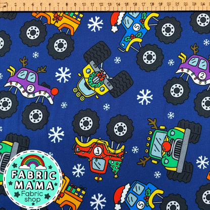 Merry monster car mayhem  - Premium Cotton Lycra Jersey Fabric – Kids Stretch Fabric UK